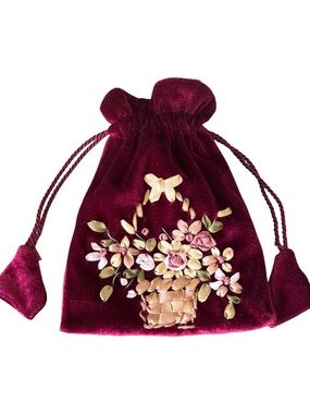 Source Unknown Burgundy Velvet Drawstring Bag with Ribbon Floral Basket